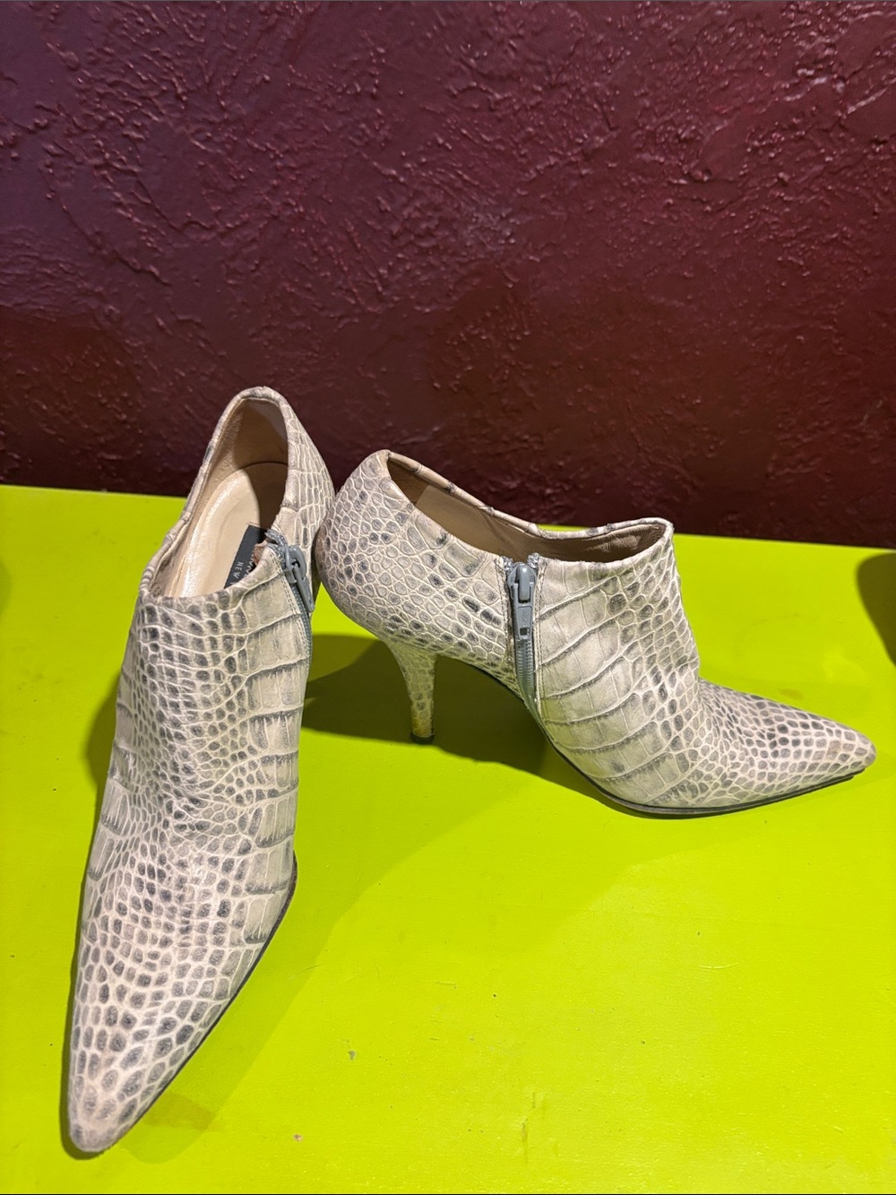 Kenneth Cole New York Croc-Embossed Pointed Ankle Booties - Beige